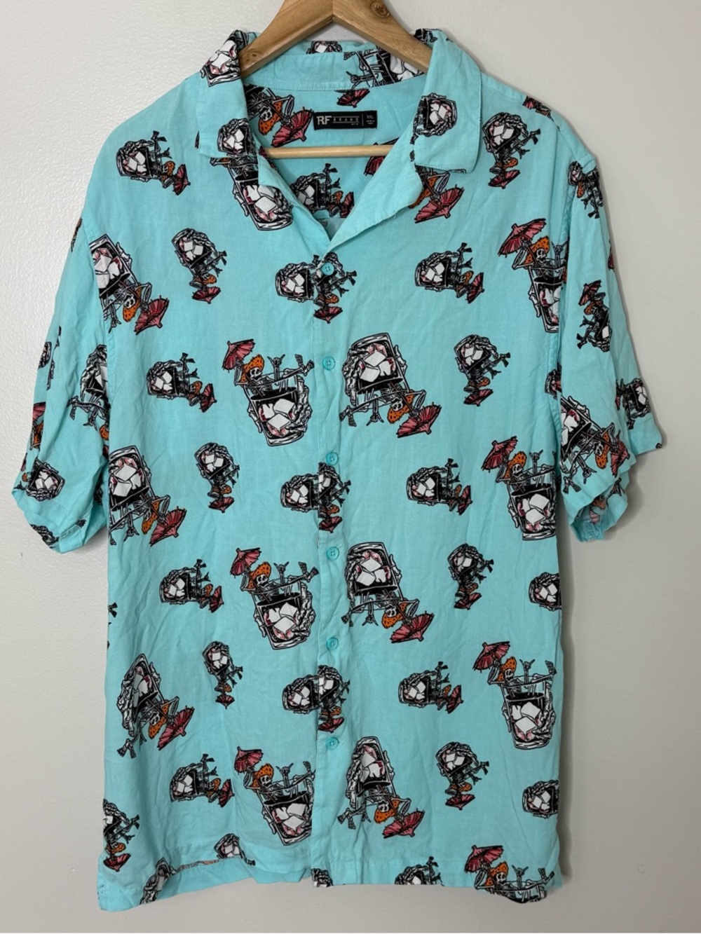 RF Brand Mens XXL Teal Blue Collared Skeleton Cocktail Button Up Going Out Shirt